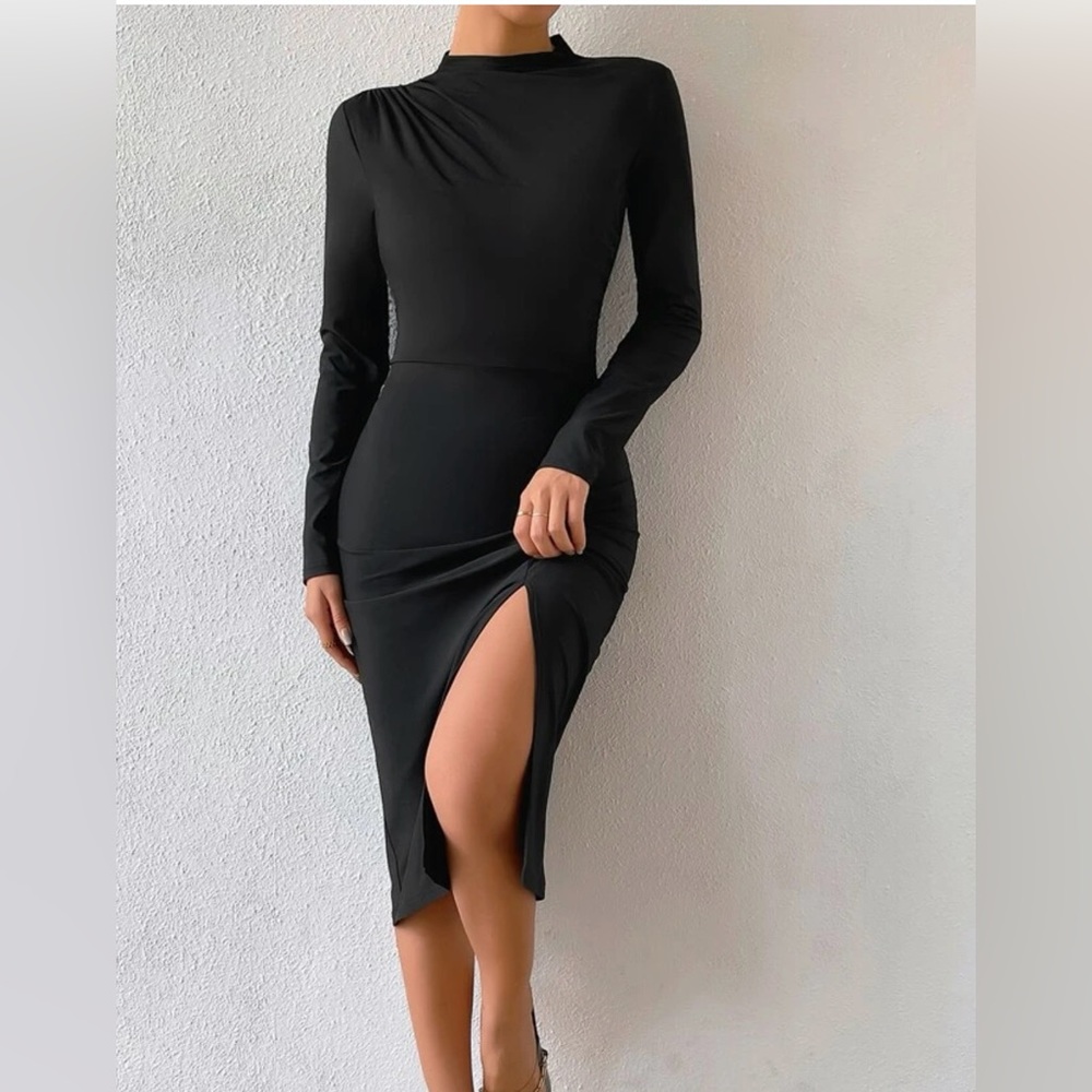 Mock Neck Ruched Split Thigh Dress Black XL/12 - Picture 4 of 5